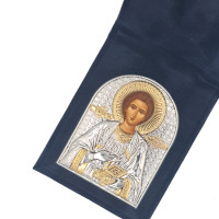 Карманная Иконка Пантелеймон Целитель 5,5х7см серебряная в бархатной книжечке
