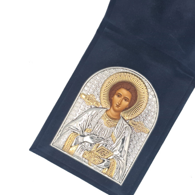 Дорожня Іконка Святого Панетелеймона 5,5х7см срібна в оксамитовій книжечці