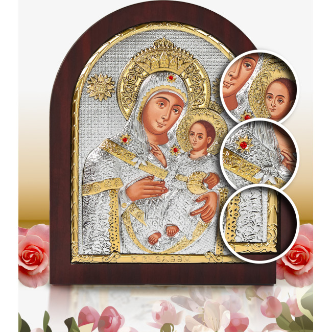Срібна Ікона Вифліємська Богородиця 10,7х12,8см арочної форми на дереві з рамкою EP3-021XAG/P