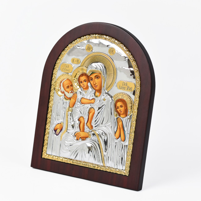 Срібна Ікона Богородиці Трьох Радостей 20х25см арочної форми на дереві з рамкою EP5-273XAG/P