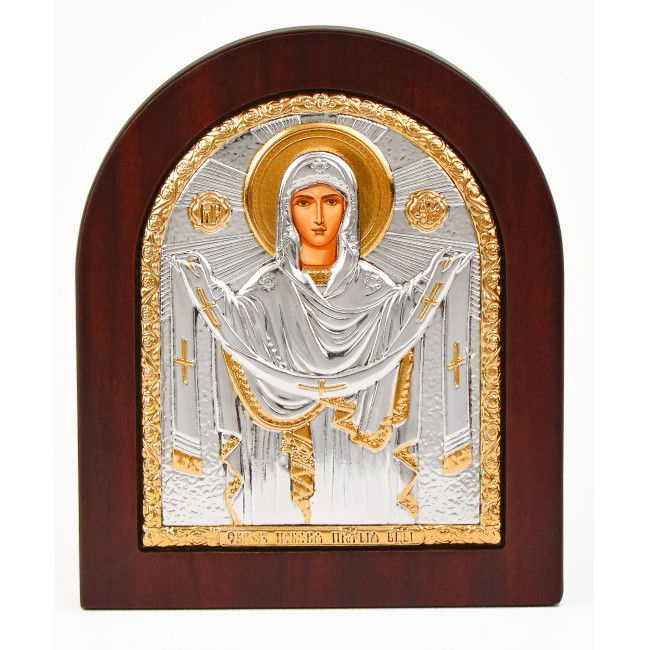 Ікона Покрови Пресвятої Богородиці 20х25см арочної форми на дереві з рамкою EP5-192XAG/P