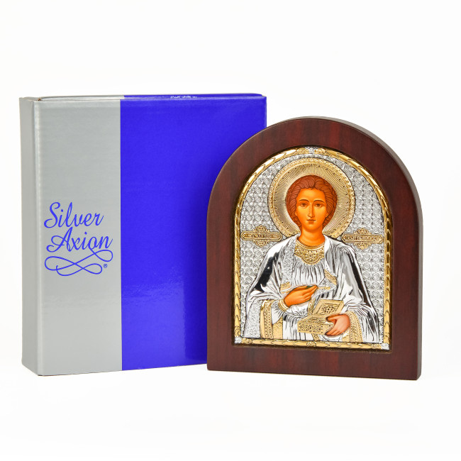 Пантелеймон Цілитель 14,7х18см срібна ікона арочної форми на дереві