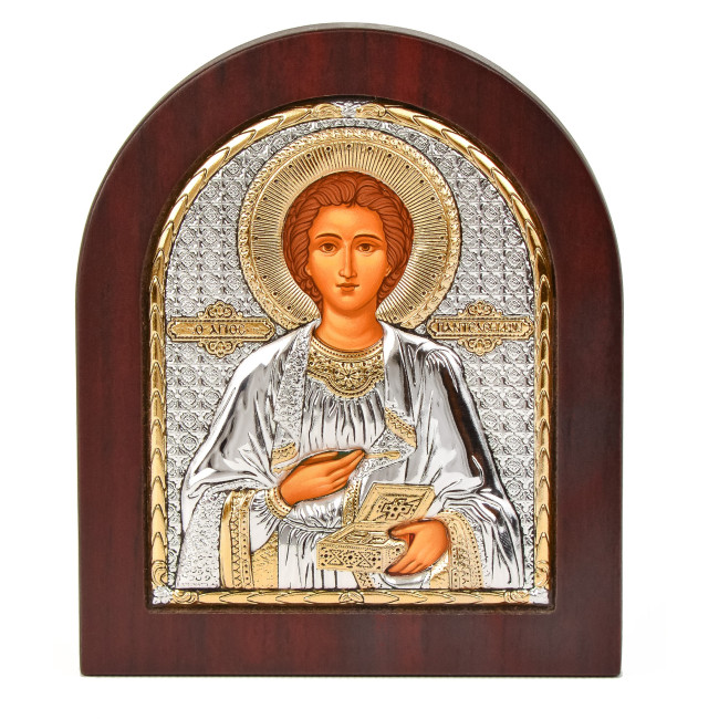 Ікона Пантелеймона Цілителя 20х25см арочної форми на дереві з рамкою EP5-023XAG/P