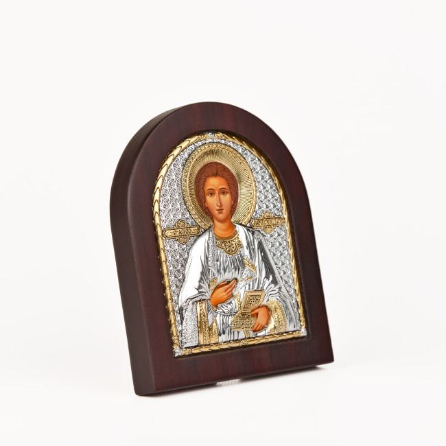 Пантелеймон Цілитель 14,7х18см срібна ікона арочної форми на дереві