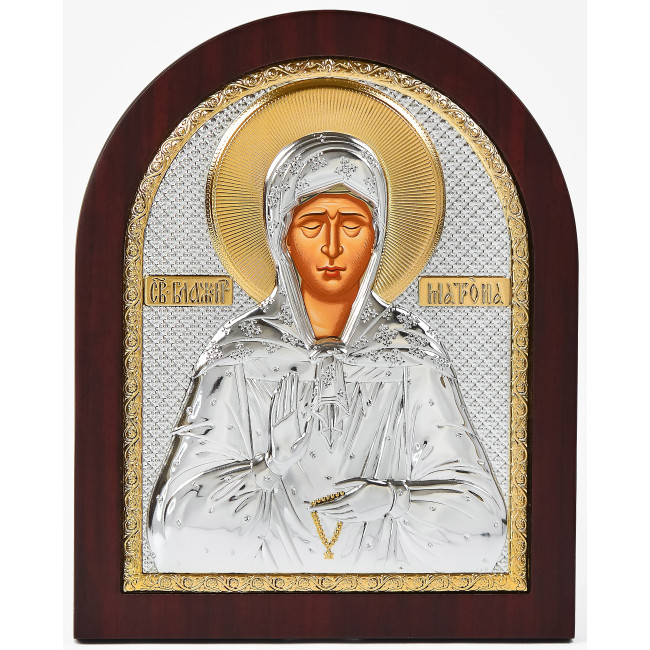 Свята Матрона 14,7х18см срібна ікона арочної форми на дереві