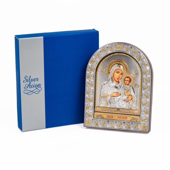 Єрусалимська Ікона Божої Матері 16,5х21,5см під склом аркової форми в шкірі EPZ4-006AG-BR/P