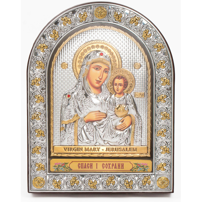 Єрусалимська Ікона Божої Матері 16,5х21,5см під склом аркової форми в шкірі EPZ4-006AG-BR/P