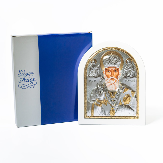 Ікона Миколай Чудотворець 20х25см аркової форми на білому дереві EP5-009XAG-WH/P