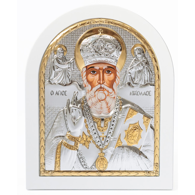 Ікона Миколай Чудотворець 20х25см аркової форми на білому дереві EP5-009XAG-WH/P