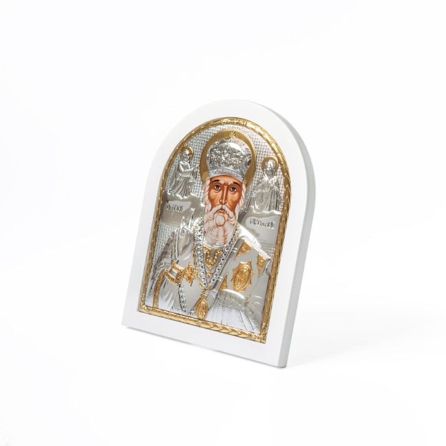 Ікона Миколай Чудотворець 20х25см аркової форми на білому дереві EP5-009XAG-WH/P