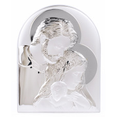 Ікона Святе Сімейство 11,9х15,2см срібна аркової форми на білому дереві без рамки