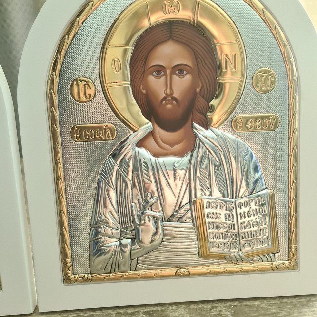 Вінчальні Ікони Спаситель та Казанська Богородиця 25х30см на білому дереві EP6-001-004XAG/P