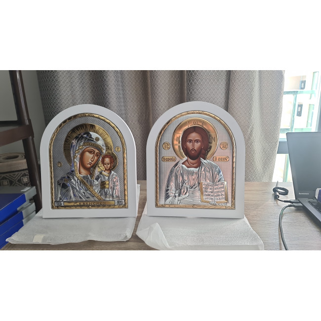 Вінчальні Ікони Спаситель та Казанська Богородиця 25х30см на білому дереві EP6-001-004XAG/P
