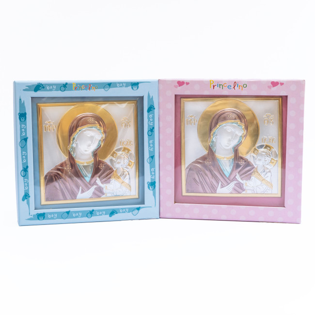 Божа Матір Одигітрія 14x14см музична дитяча іконка на розовій подушечці для дівчинки MA/DM652-LR-C
