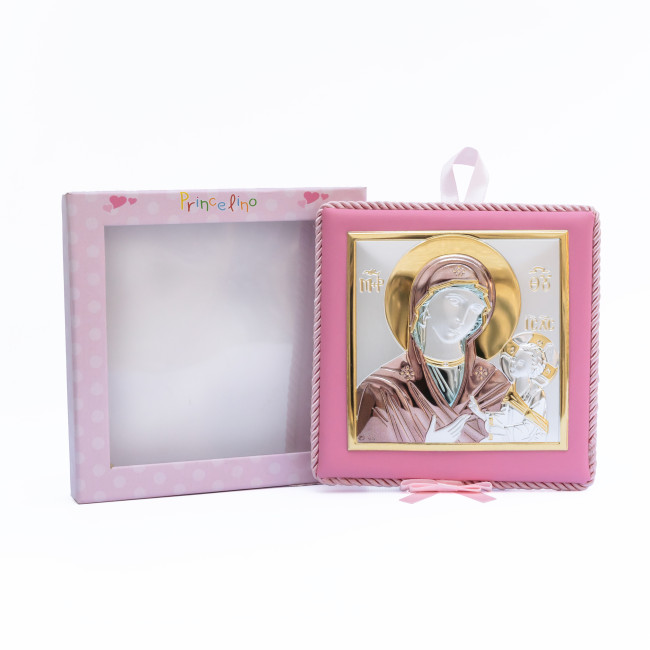 Божа Матір Одигітрія 14x14см музична дитяча іконка на розовій подушечці для дівчинки MA/DM652-LR-C