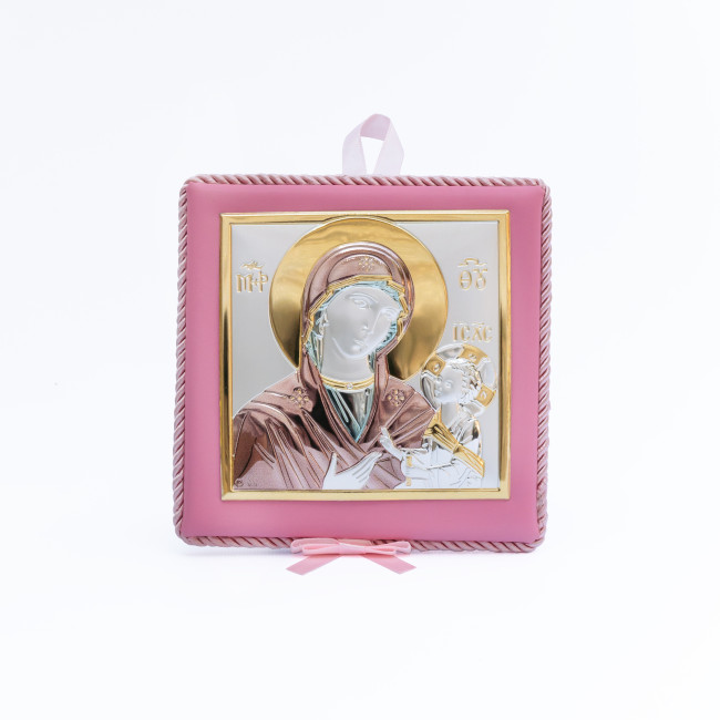 Божа Матір Одигітрія 14x14см музична дитяча іконка на розовій подушечці для дівчинки MA/DM652-LR-C