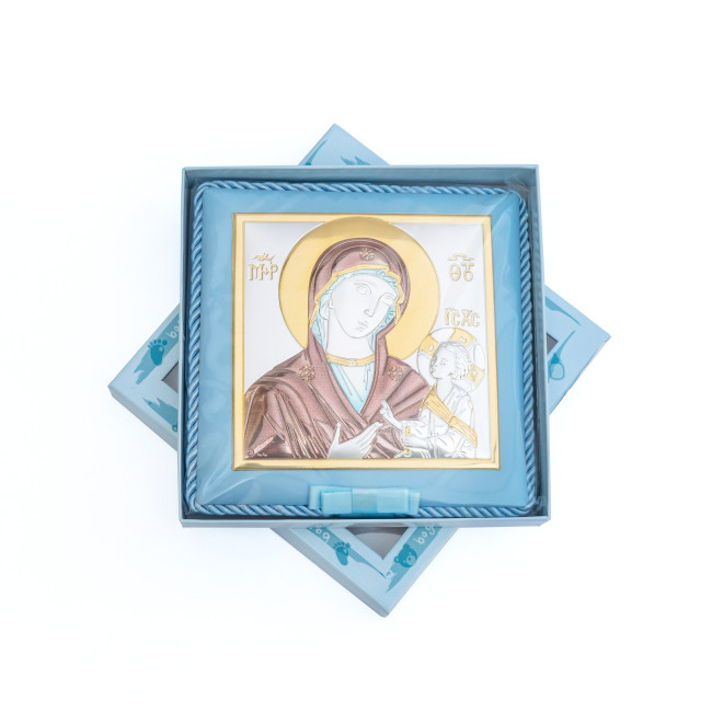 Божа Матір Одигітрія 14x14см музична дитяча іконка на синій подушечці для хлопчика MA/DM652-LC-C