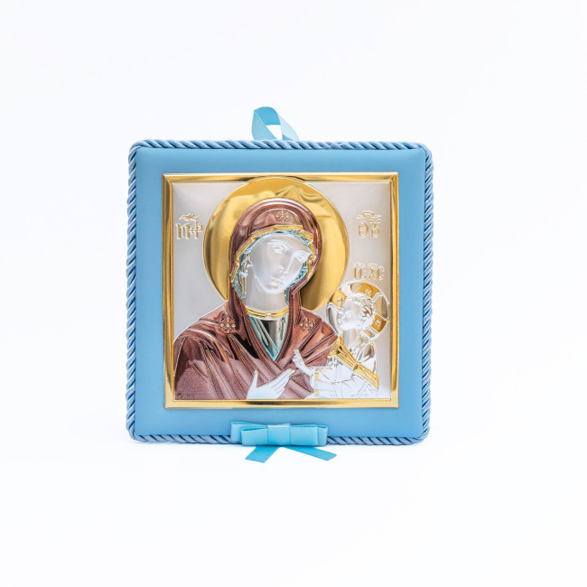 Божа Матір Одигітрія 14x14см музична дитяча іконка на синій подушечці для хлопчика MA/DM652-LC-C