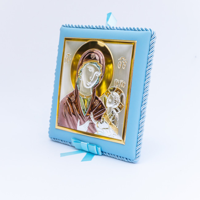 Божа Матір Одигітрія 14x14см музична дитяча іконка на синій подушечці для хлопчика MA/DM652-LC-C