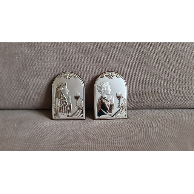 Срібна іконка для хлопчика Перше Причастя 7х10 у формі арки з молитвою перед чашею JHS Срібна іконка для хлопчика Перше Причастя 7х10 у формі арки з молитвою перед чашею JHS