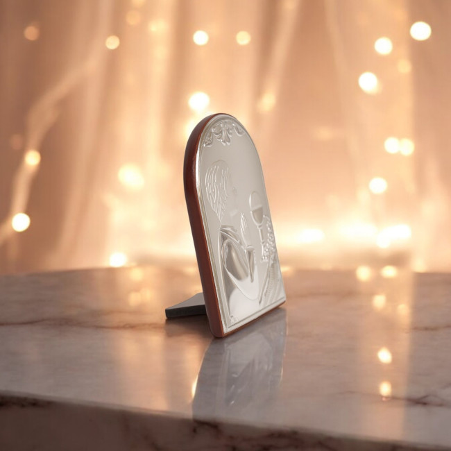 Срібна іконка для хлопчика Перше Причастя 7х10 у формі арки з молитвою перед чашею JHS Срібна іконка для хлопчика Перше Причастя 7х10 у формі арки з молитвою перед чашею JHS