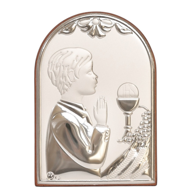 Срібна іконка для хлопчика Перше Причастя 7х10 у формі арки з молитвою перед чашею JHS