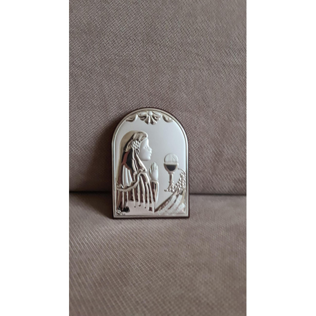 Срібна іконка Перше Причастя 7х10 дівчинка молитва перед чашею