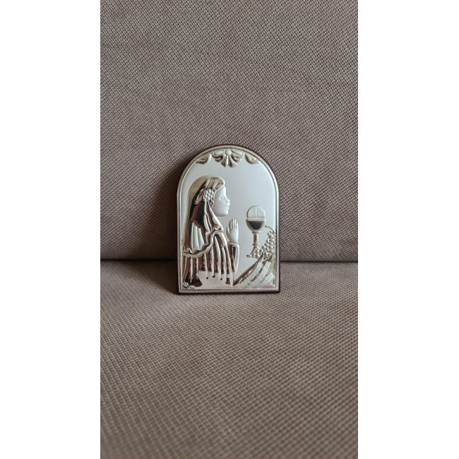 Срібна іконка Перше Причастя 7х10 дівчинка молитва перед чашею