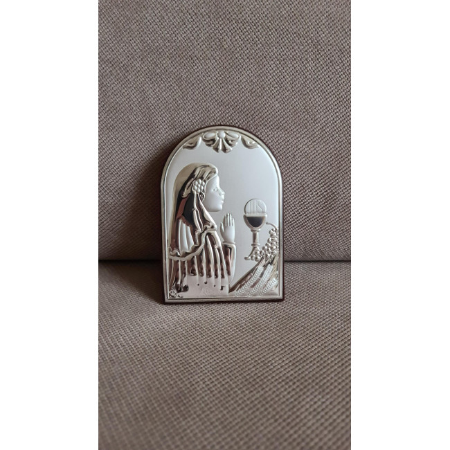 Срібна іконка Перше Причастя 7х10 дівчинка молитва перед чашею