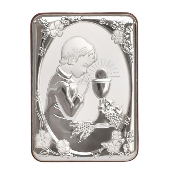 Срібна іконка для хлопчика Перше Причастя 7х10 прямокутна з молитвою перед чашею