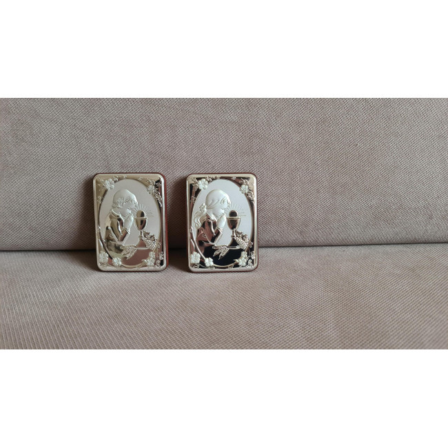 Срібна іконка для дівчинки до Першої Сповіді та Урочистого Причастя 7х10 з молитвою перед чашею