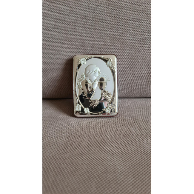 Срібна іконка для дівчинки до Першої Сповіді та Урочистого Причастя 7х10 з молитвою перед чашею