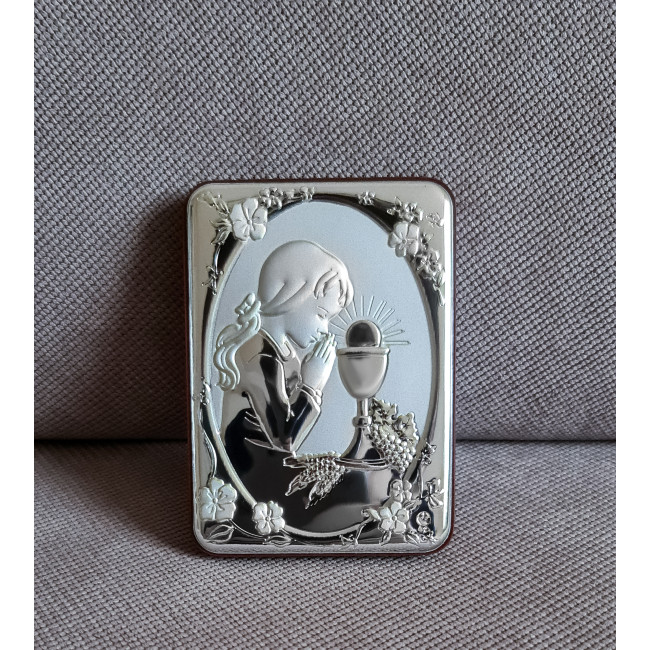 Срібна іконка для дівчинки до Першої Сповіді та Урочистого Причастя 7х10 з молитвою перед чашею