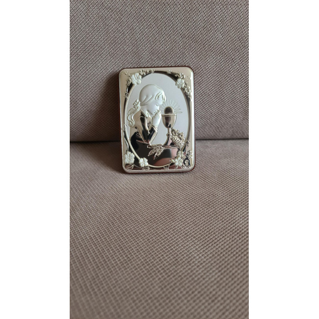 Срібна іконка для дівчинки до Першої Сповіді та Урочистого Причастя 7х10 з молитвою перед чашею