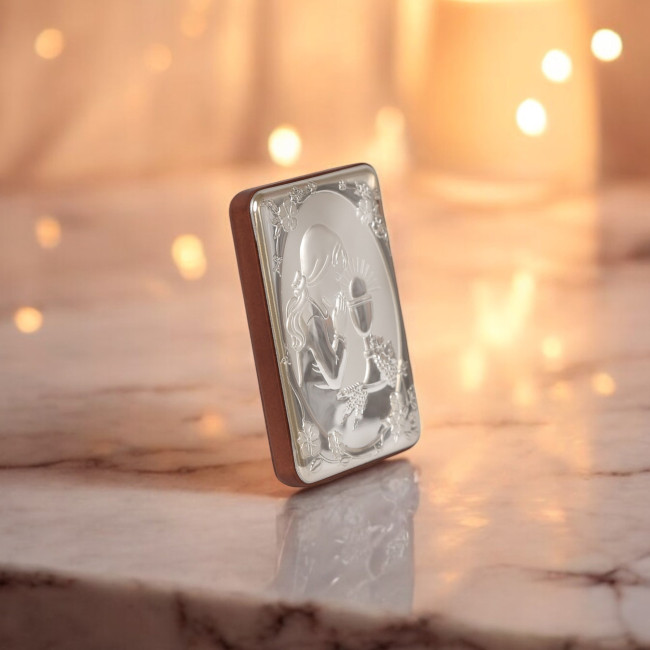 Срібна іконка для дівчинки до Першої Сповіді та Урочистого Причастя 7х10 з молитвою перед чашею