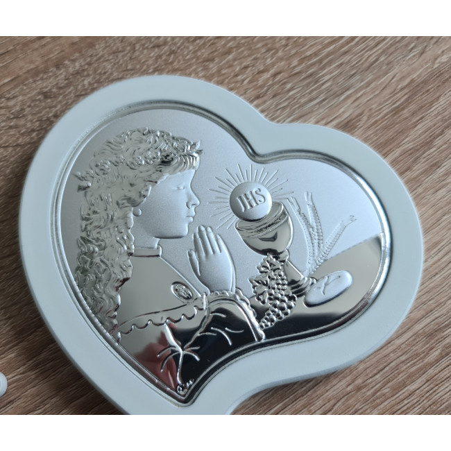 Срібна іконка у формі серця для дівчинки до Першої Сповіді та Урочистого Причастя 8.5х10.7 з молитвою перед чашею JHS