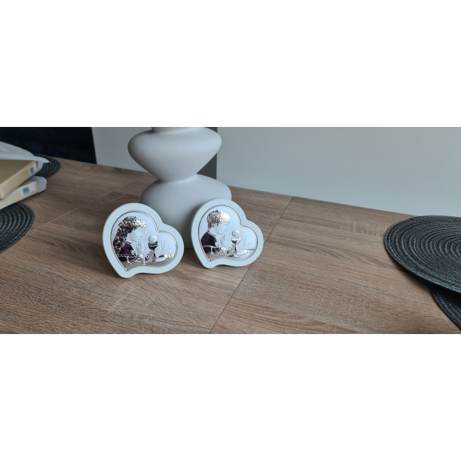 Срібна іконка у формі серця для дівчинки до Першої Сповіді та Урочистого Причастя 8.5х10.7 з молитвою перед чашею JHS