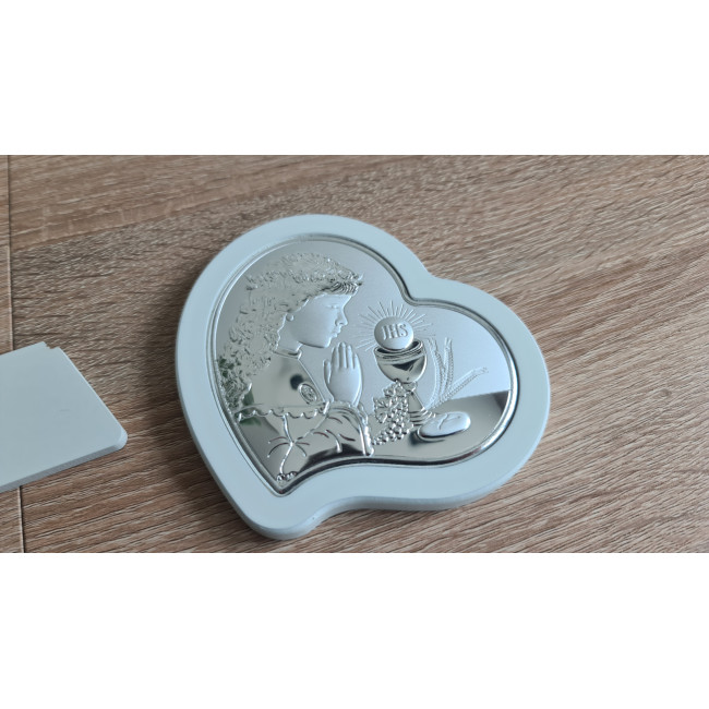 Срібна іконка у формі серця для дівчинки до Першої Сповіді та Урочистого Причастя 8.5х10.7 з молитвою перед чашею JHS