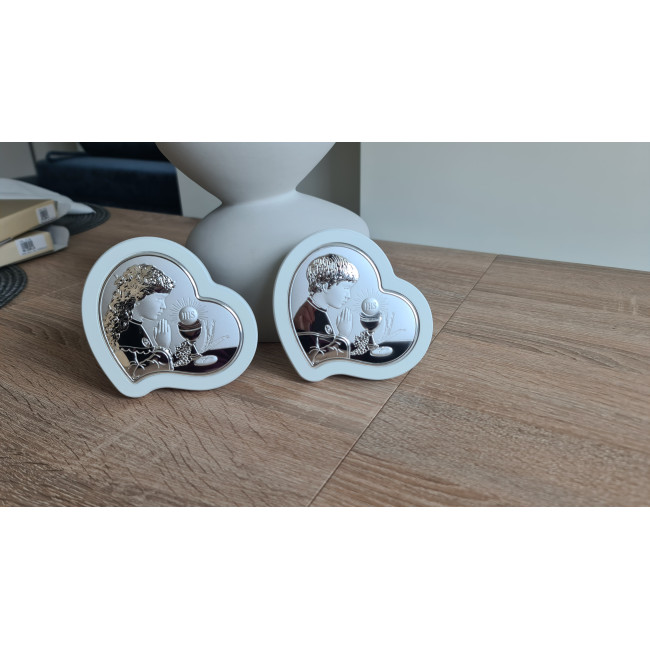 Срібна іконка у формі серця для хлопчика до Першої Сповіді та Урочистого Причастя 8.5х10.7 з молитвою перед чашею JHS