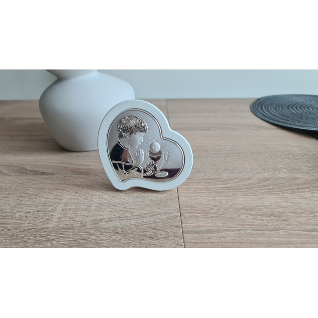 Срібна іконка у формі серця для хлопчика до Першої Сповіді та Урочистого Причастя 8.5х10.7 з молитвою перед чашею JHS