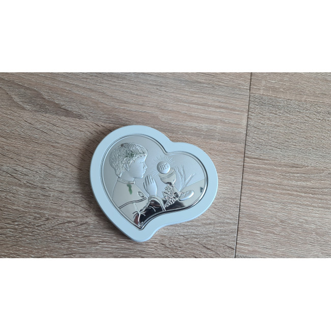 Срібна іконка у формі серця для хлопчика до Першої Сповіді та Урочистого Причастя 8.5х10.7 з молитвою перед чашею JHS