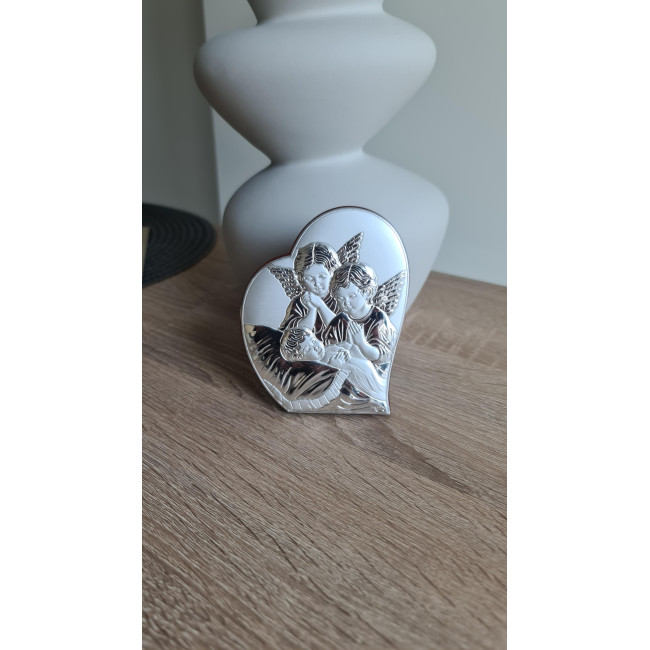 Срібна ікона у формі серця до Першої Сповіді та Урочистого Причастя 8.5х10.7 з Ангелами над немовлям