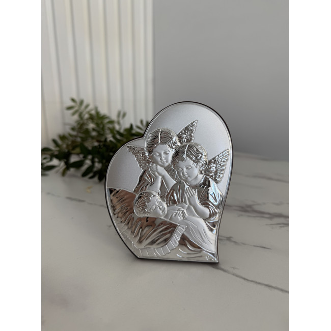 Срібна ікона у формі серця до Першої Сповіді та Урочистого Причастя 8.5х10.7 з Ангелами над немовлям