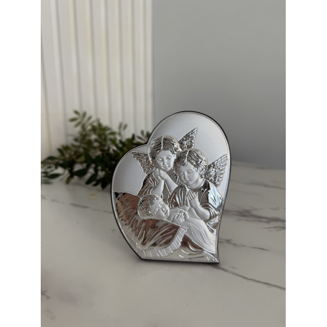 Срібна ікона у формі серця до Першої Сповіді та Урочистого Причастя 8.5х10.7 з Ангелами над немовлям