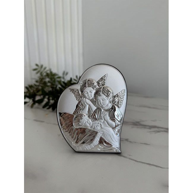 Срібна ікона у формі серця до Першої Сповіді та Урочистого Причастя 8.5х10.7 з Ангелами над немовлям
