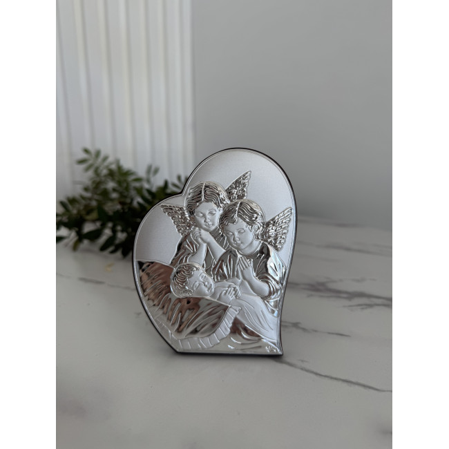 Срібна ікона у формі серця до Першої Сповіді та Урочистого Причастя 8.5х10.7 з Ангелами над немовлям