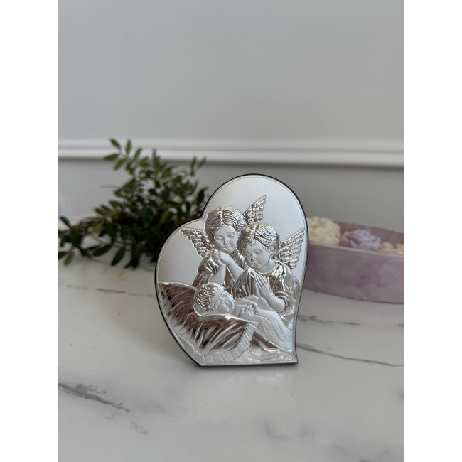 Срібна ікона у формі серця до Першої Сповіді та Урочистого Причастя 8.5х10.7 з Ангелами над немовлям