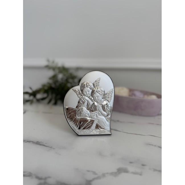 Срібна ікона у формі серця до Першої Сповіді та Урочистого Причастя 8.5х10.7 з Ангелами над немовлям