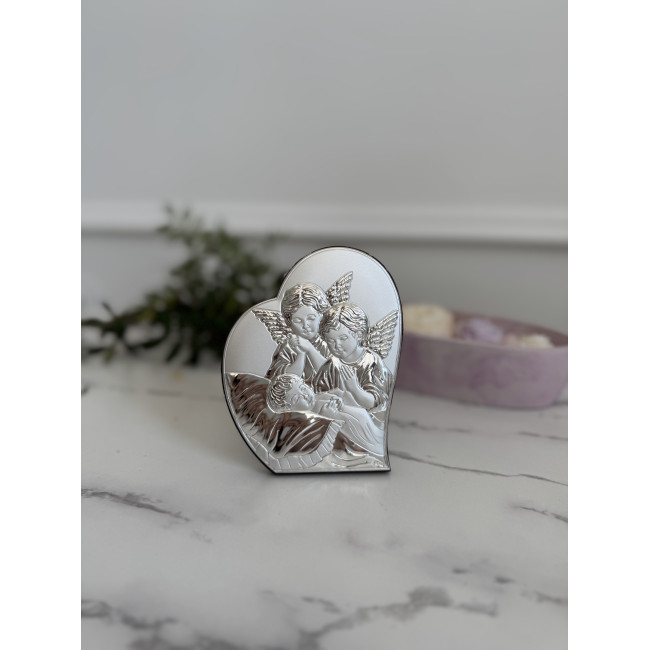 Срібна ікона у формі серця до Першої Сповіді та Урочистого Причастя 8.5х10.7 з Ангелами над немовлям