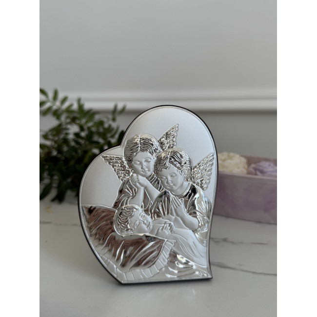 Срібна ікона у формі серця до Першої Сповіді та Урочистого Причастя 8.5х10.7 з Ангелами над немовлям